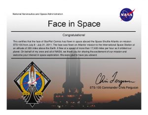 NASA Face in Space certificate